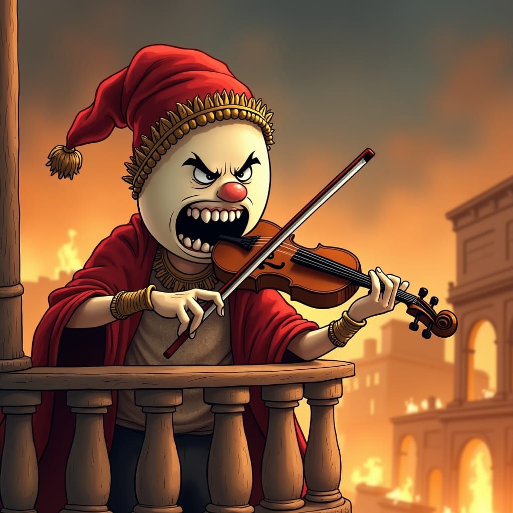 Cartoon Nero Egg Fiddles in Burning Rome