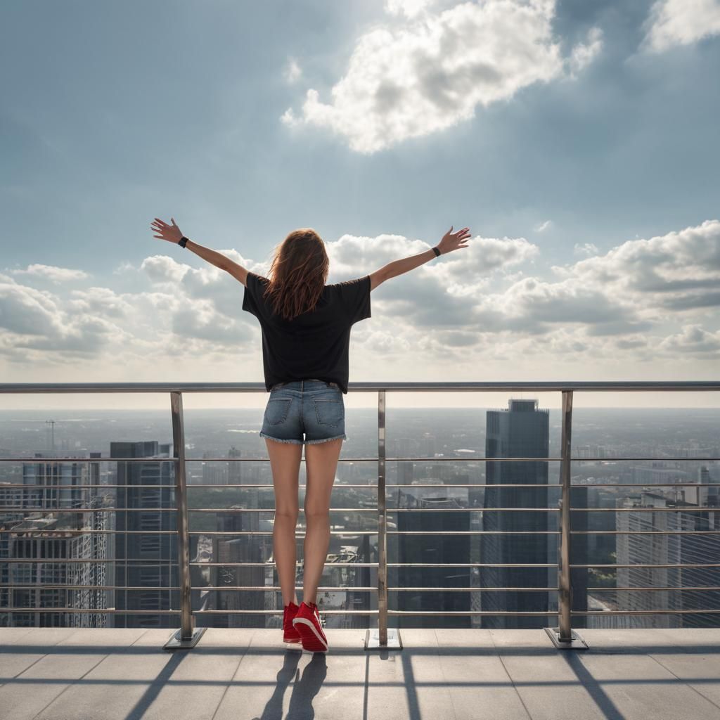 Woman on Skyscraper Edge in Morning Light