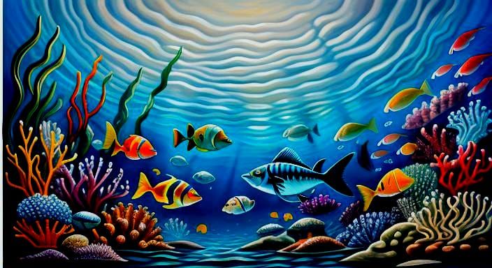 Underwater Scene: Fish and Sea Plants in Oil