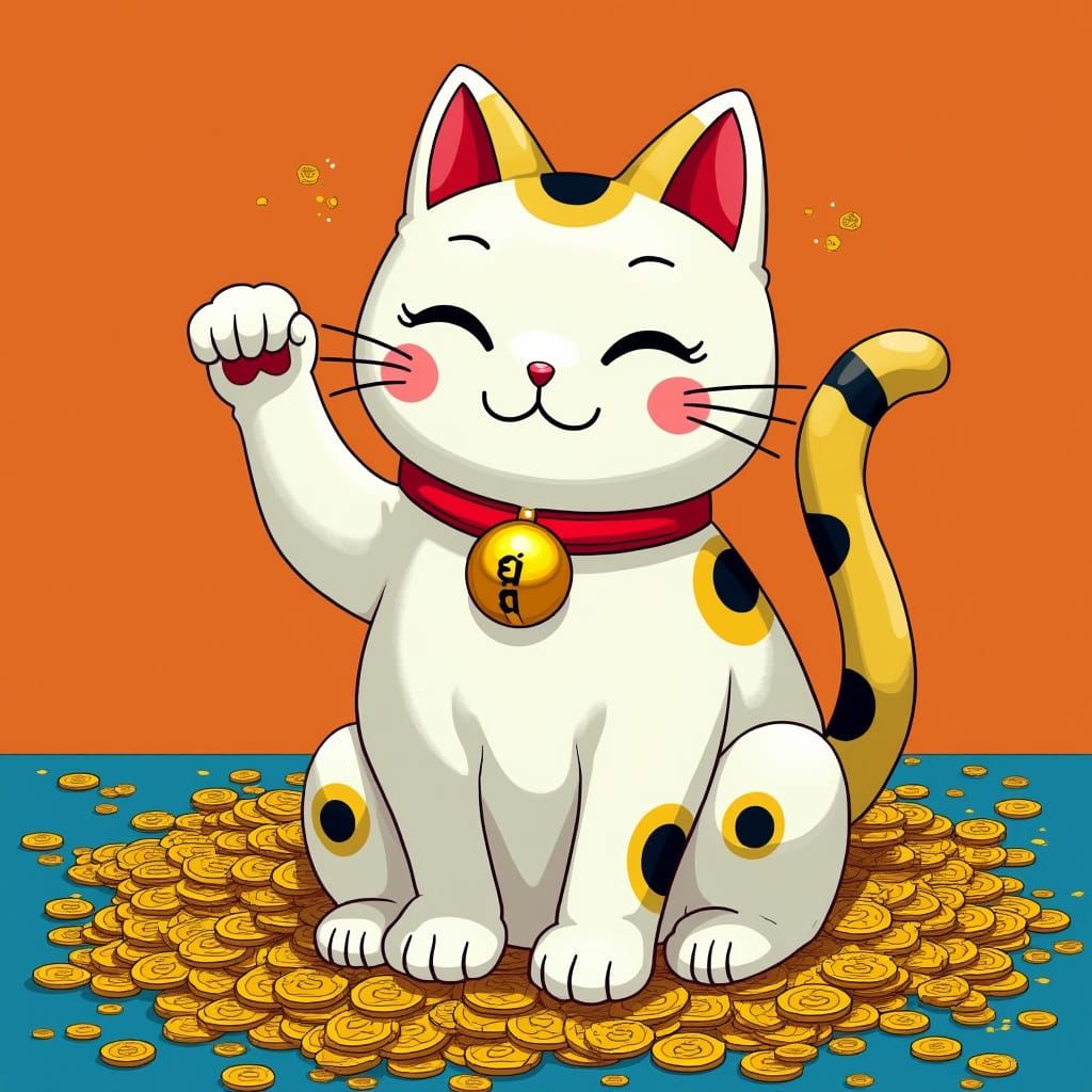Vibrant Lucky Cat in Japanese Pop Art Style