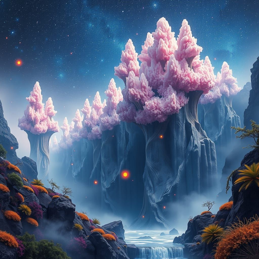 Surreal Crystalline Trees Flow Upward to Starry Sky