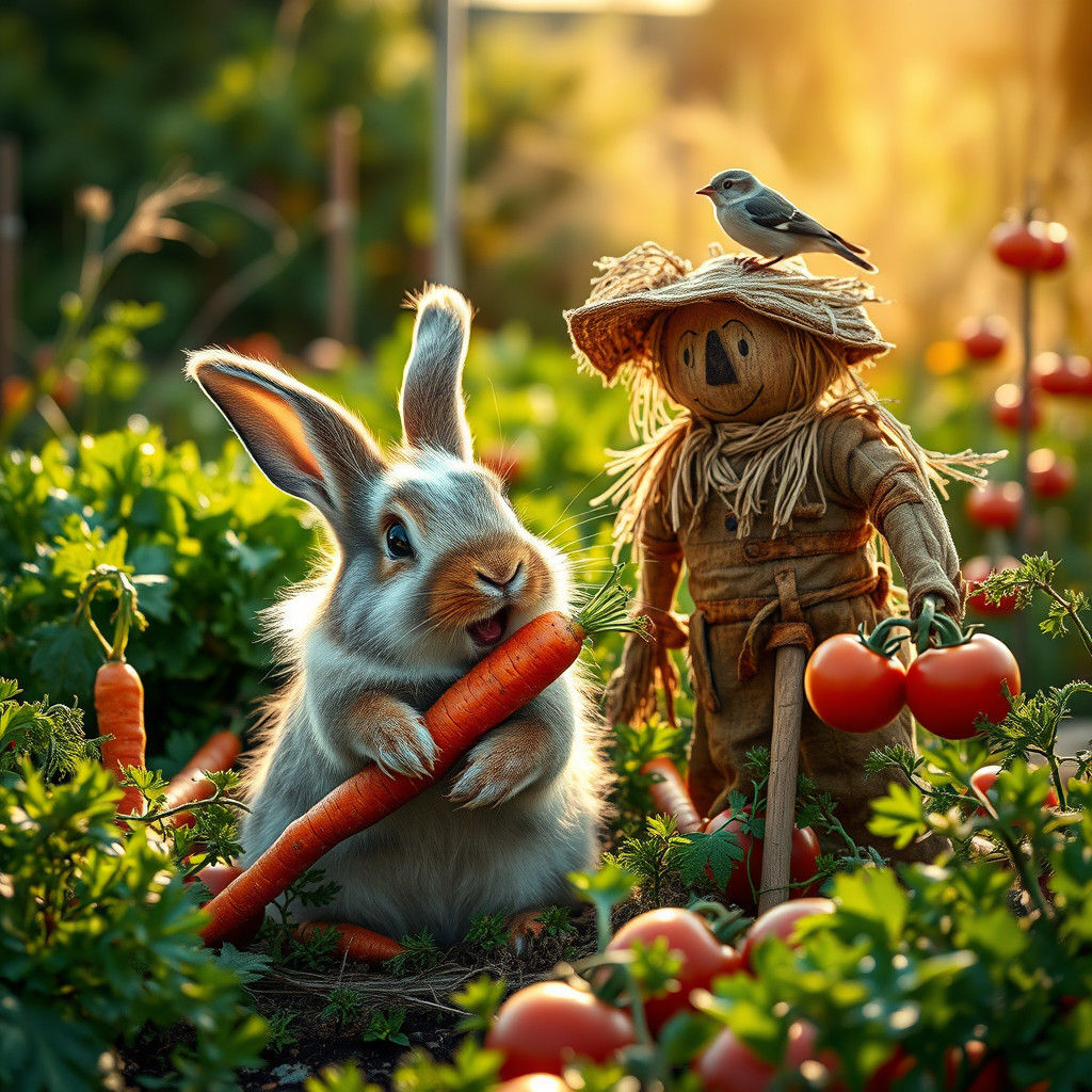 Rabbit Enjoys Carrot in Hyperrealistic Vegetable Garden
