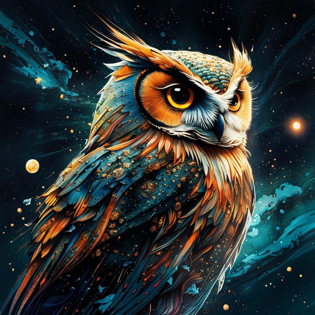 Celestial Owl in Space: Hyperrealistic Gouache Illustration