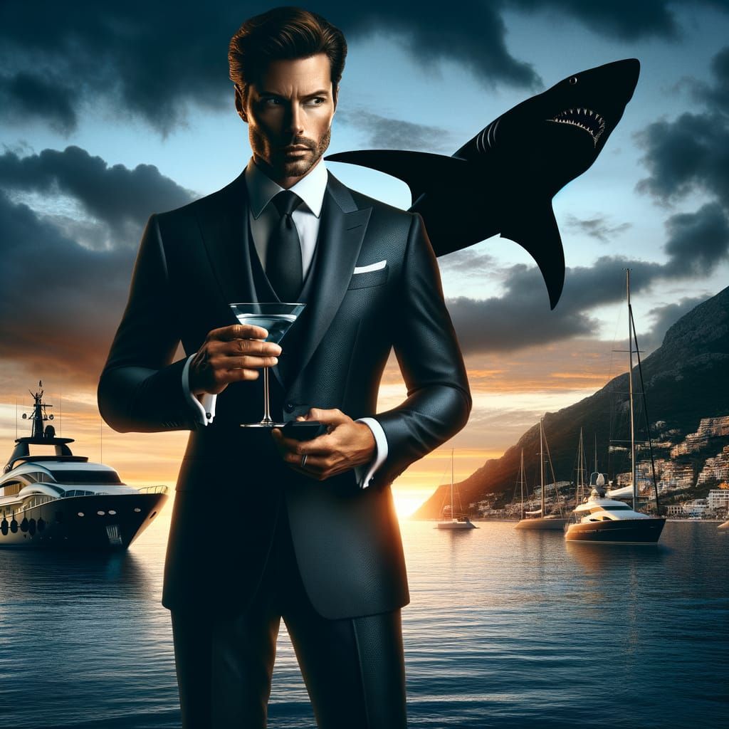 Suave Figure with Martini Overlooking Sunset Coast