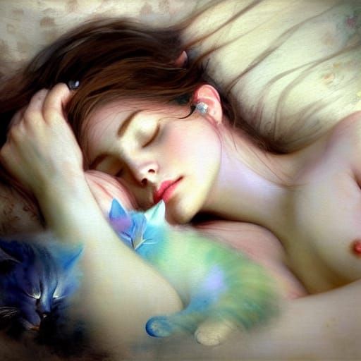 Goddess Sleeping with Cats: Hyperrealistic Gouache Painting