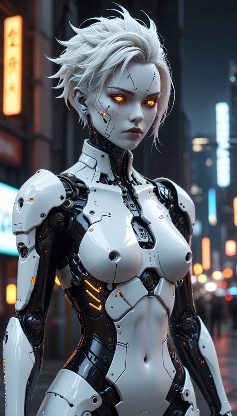 Gynoid with Cyberpunk Cityscape in Realistic Anime Style