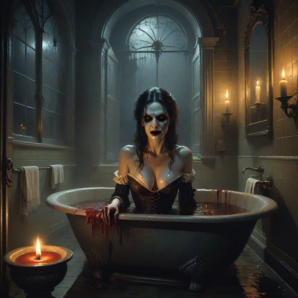 Female Vampire in Gothic Bathroom with Candles