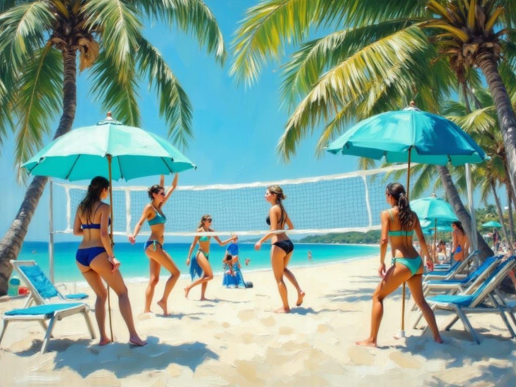 Beach Volleyball in Impasto Oil Painting Style