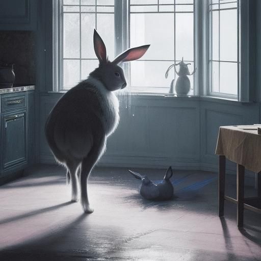 Surreal Rabbit in Kitchen with Fly, Eerie Shadows