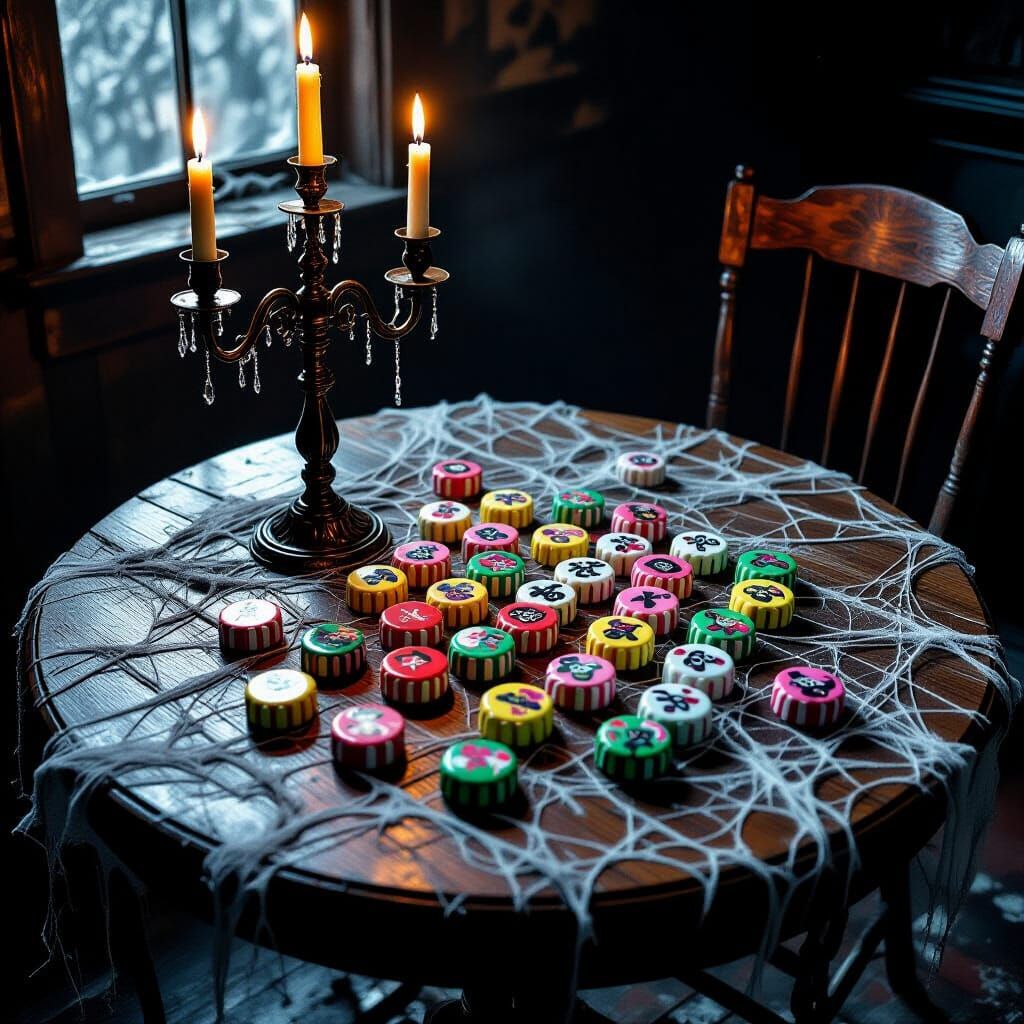 Eerie Candies and Cobwebs on Old Wooden Table