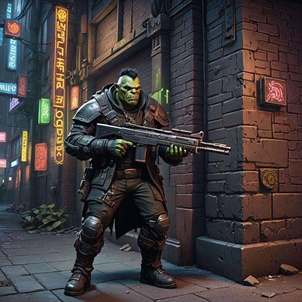 Heavyset Half-Orc in Shadowrun Cityscape