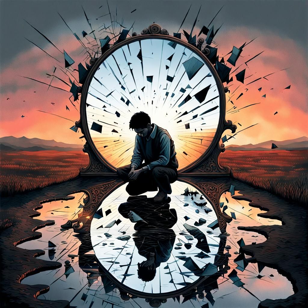 Surreal Drawing of Broken Mirror with Eerie Reflections