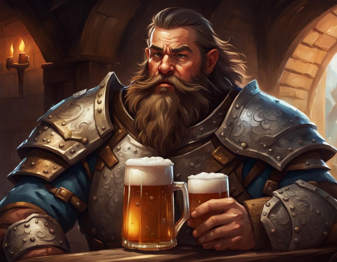 Dwarf Paladin Drinking Beer in Inn, Hyperrealistic Art