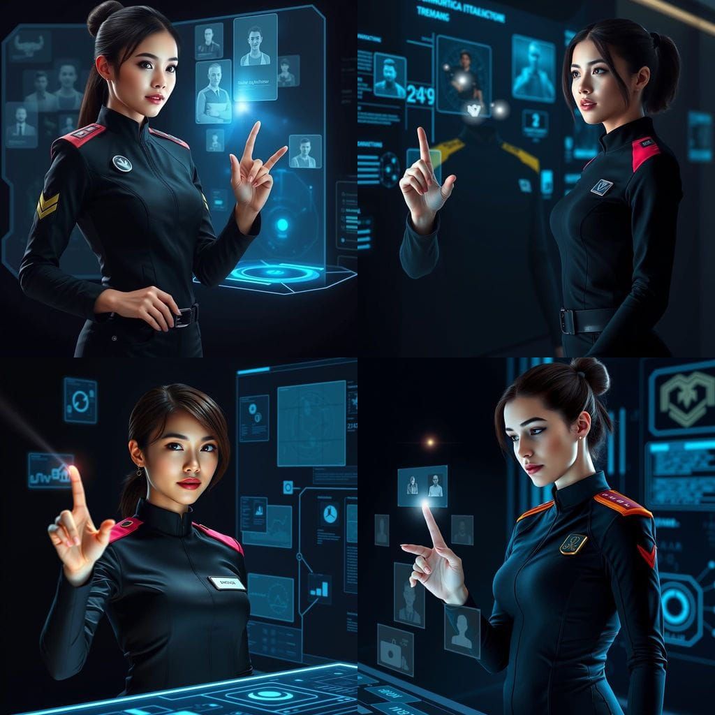 Sleek Futuristic Officer Interacts with Holographic Interfac...
