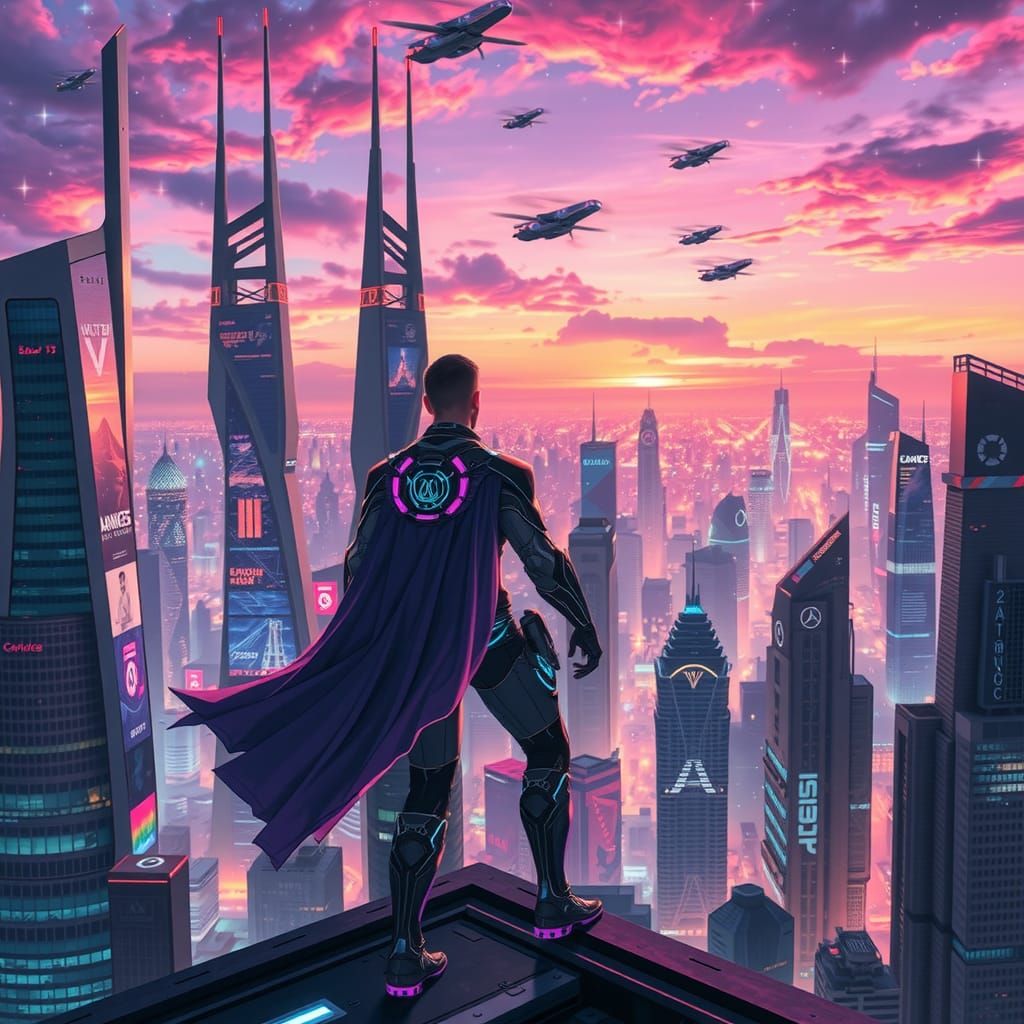 Hero Overlooking Futuristic Metropolis at Twilight