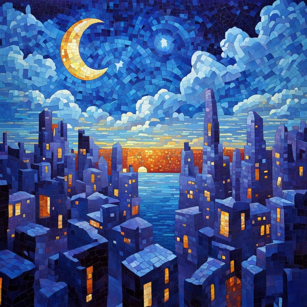 Expressionist Mosaic Cityscape at Twilight