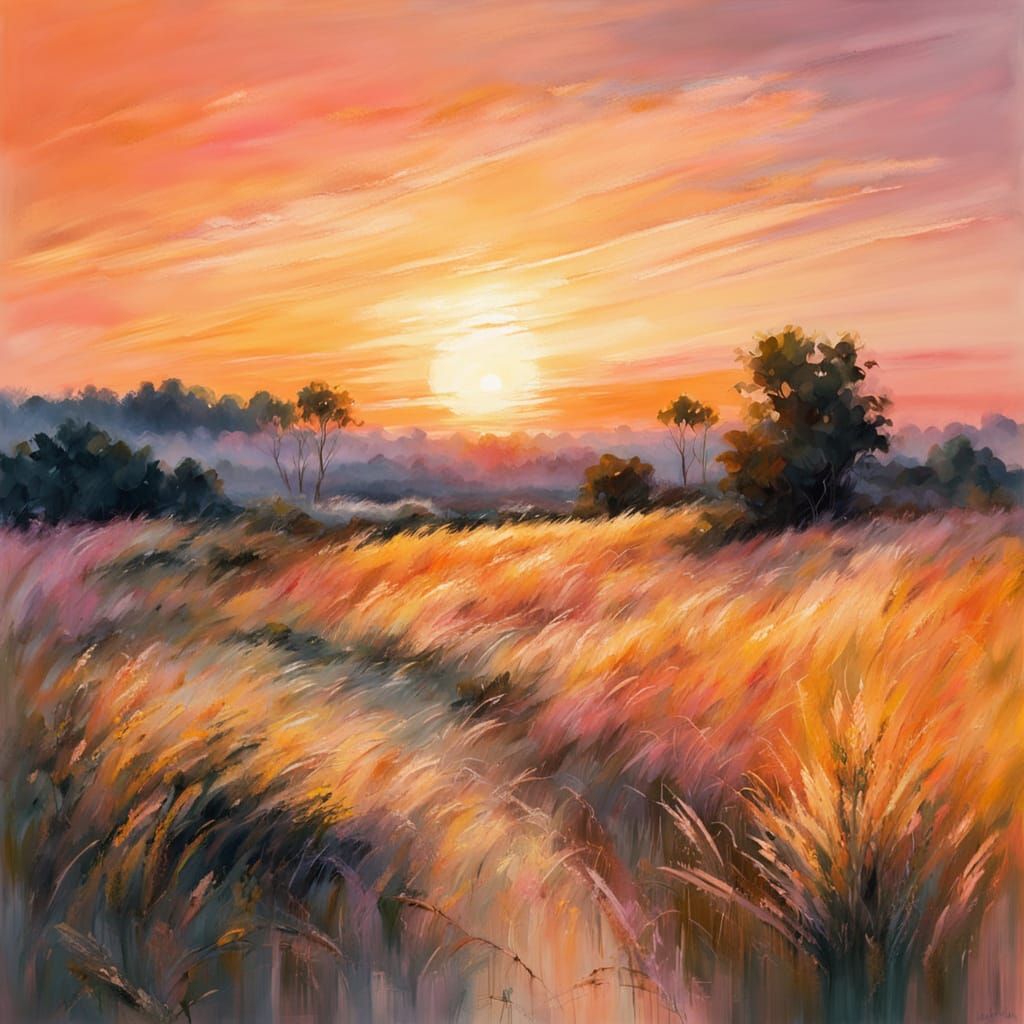 Impressionist Sunset Over Straw Grass