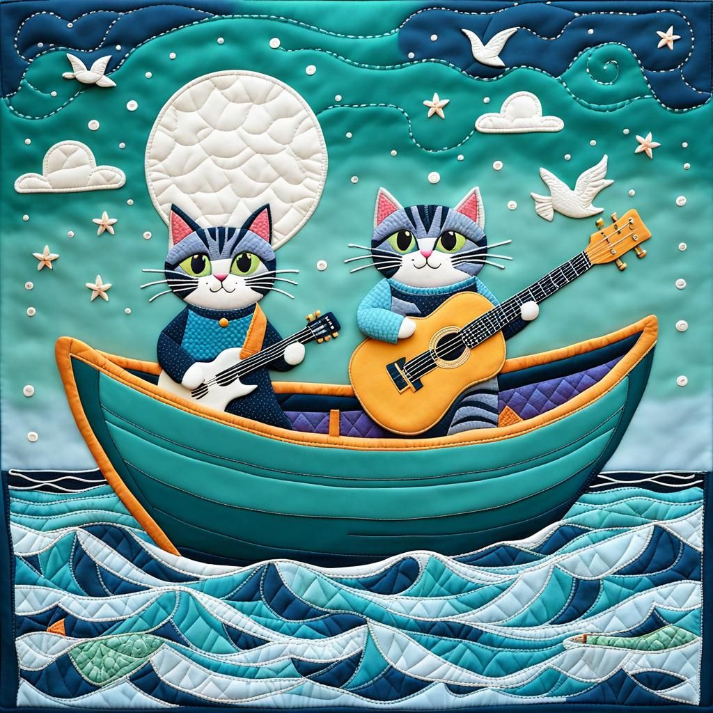 Quilted Cat and Owl at Sea: Patchwork Scene