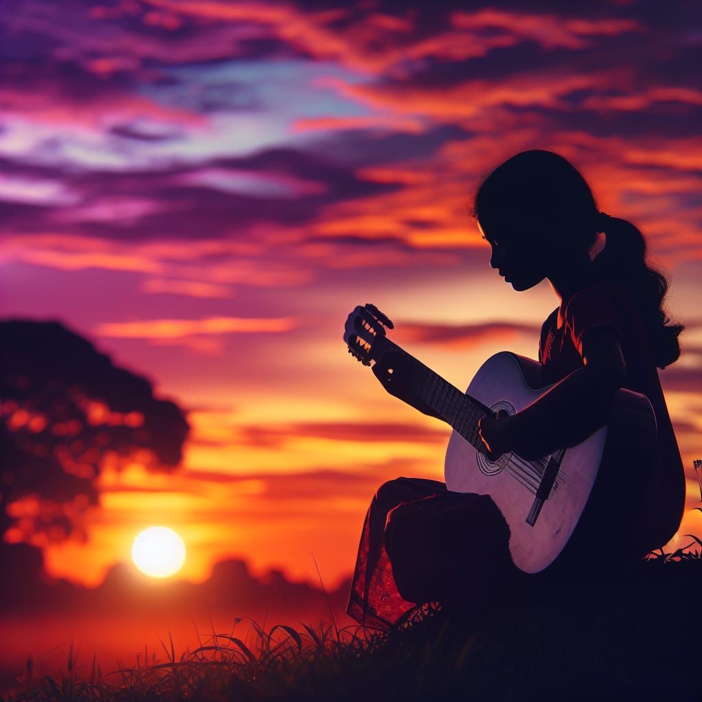 Young South Asian Girl Plays Guitar at Sunset