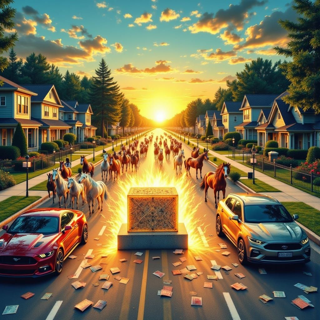 Magical Realism Illustration: Horses Drawn to Mysterious Cub...