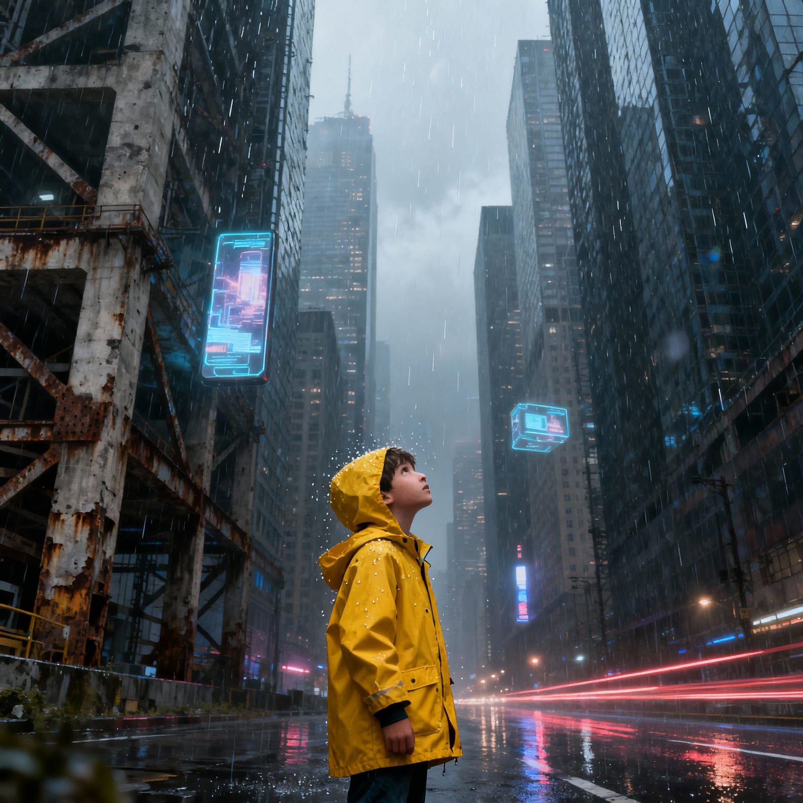 Boy in Yellow Raincoat in Vast City Under Surreal Lighting
