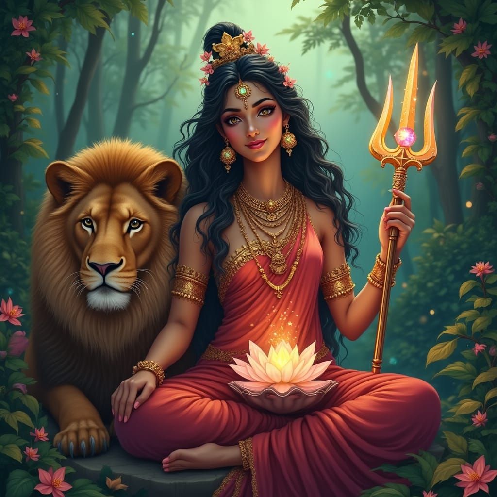 Divine Goddess Parvati in Vibrant Red Saree and Golden Jewel...