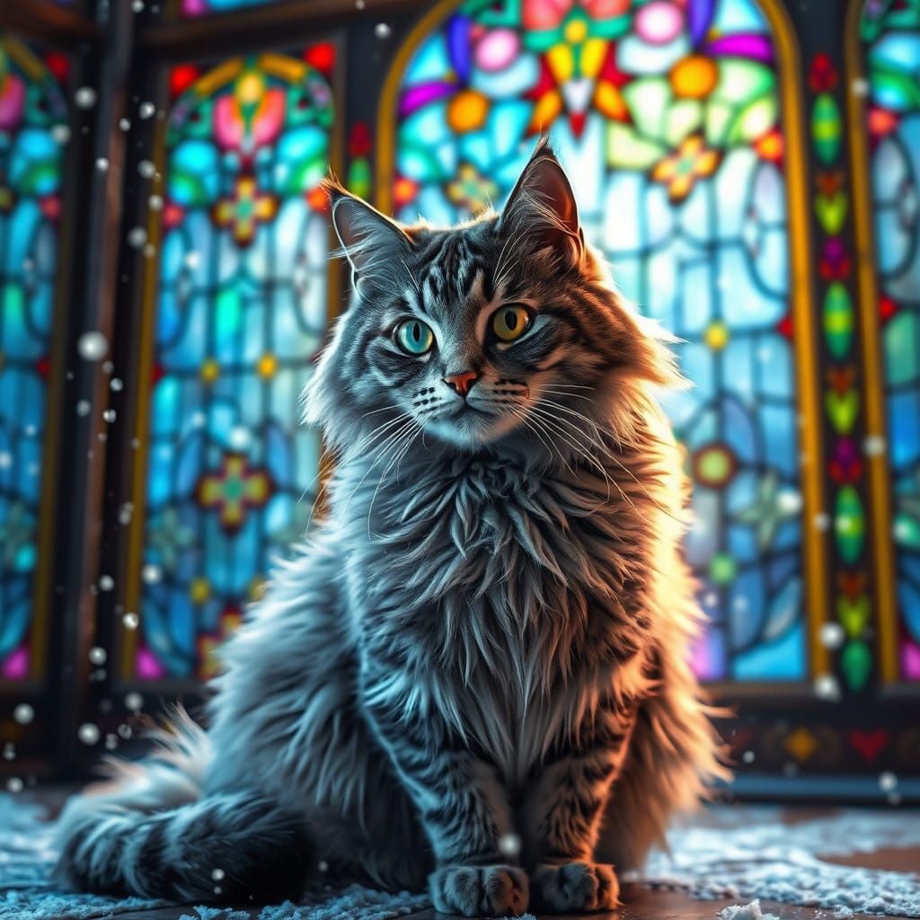 Regal Grey Tabby Cat Amidst Vibrant Stained Glass and Snowy...