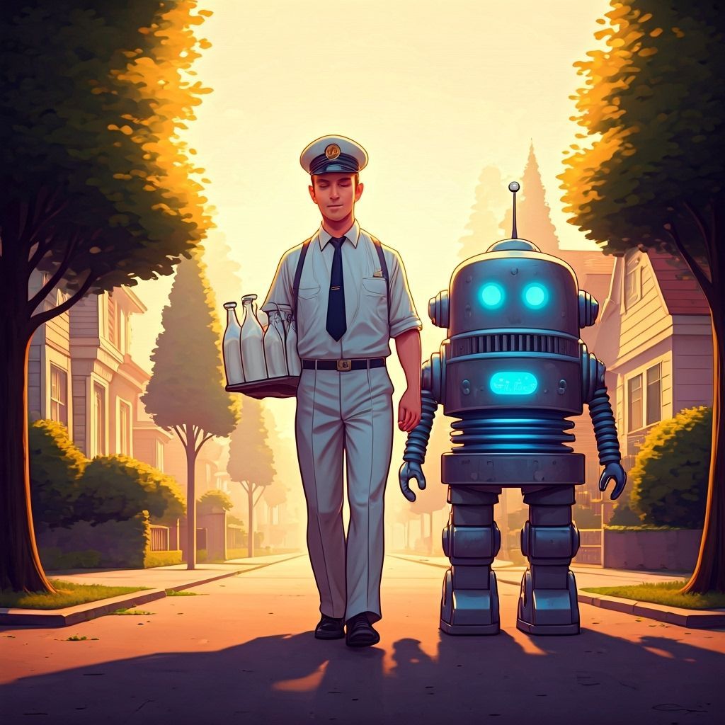 1950s Milkman & Robot Deliver Milk in Vintage Morning Light