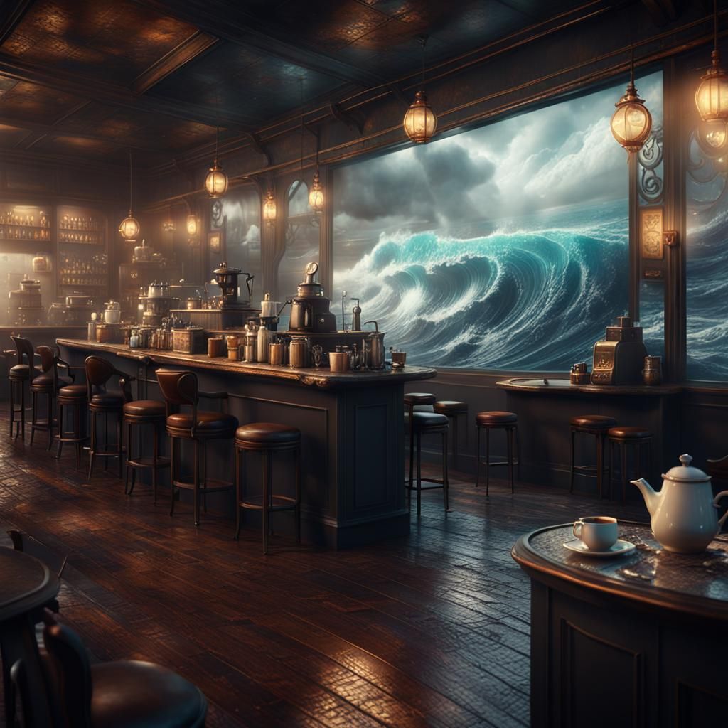 Goth Model in Coffee Shop: Detailed Matte Painting