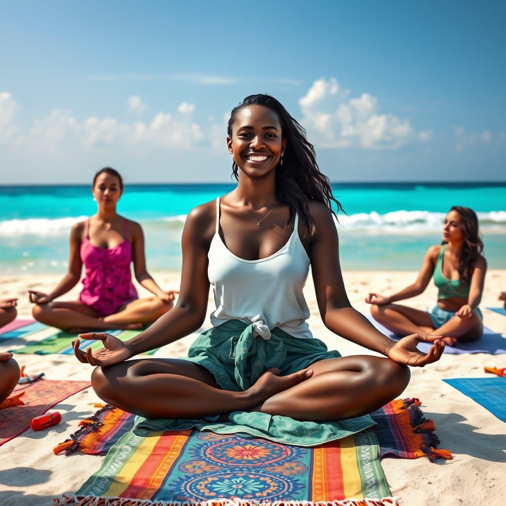 Serene Meditation Teacher on a Beach in Realist Style
