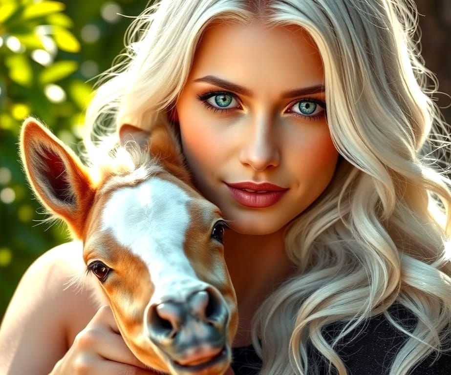 Stunning Portrait of a Lovely Woman with a Foal, in a Lush G...