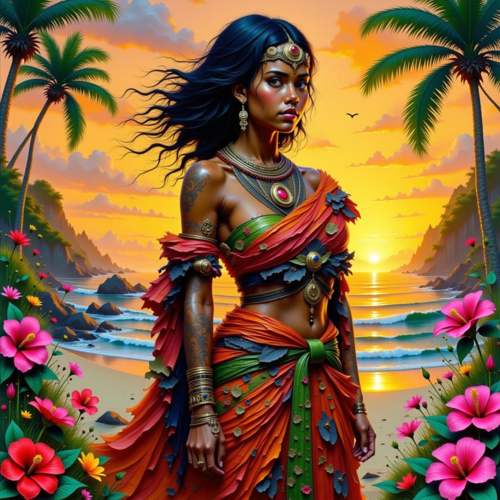 Maori Woman in Korowai Cloak on Serene Beach