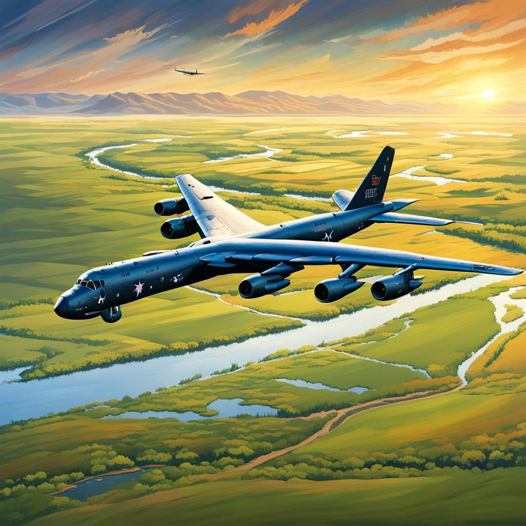 B-52 Bomber Over Montana River in Hyperrealism
