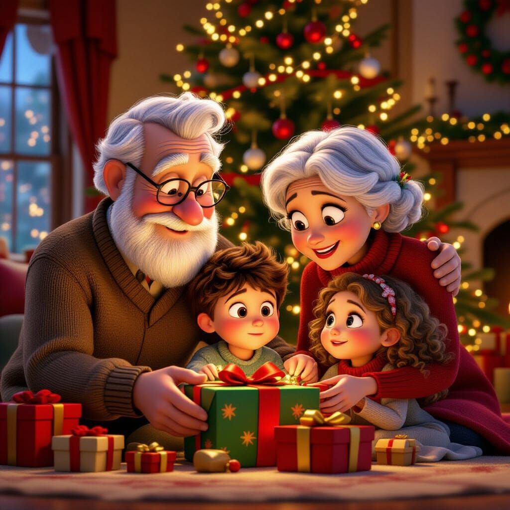 Pixar Style Family Christmas by Tree