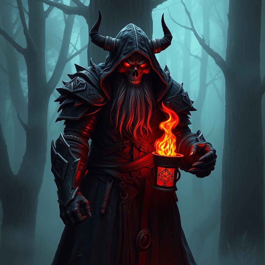 Dark Fantasy Warrior in Misty Forest, Lit by Fiery Ember
