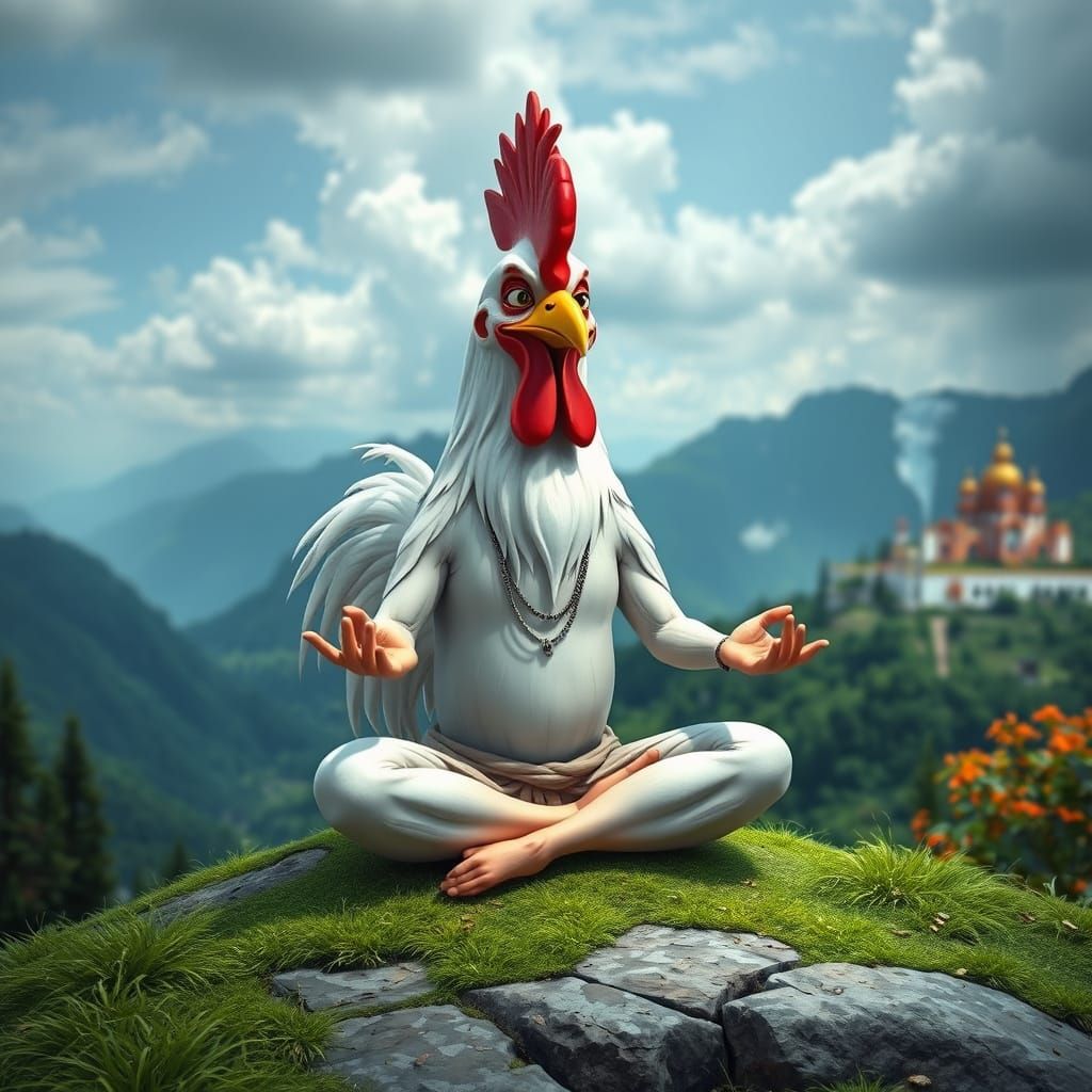 Cartoon Rooster Guru Meditating in Parvati Valley