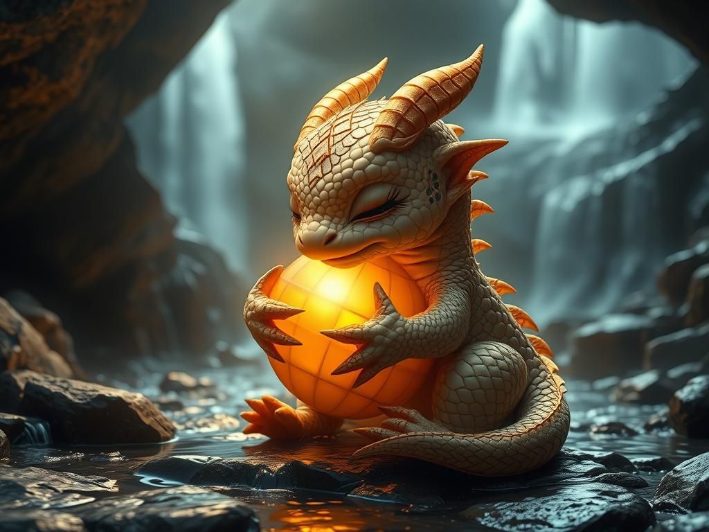 Baby Dragon Puppy with Golden Orb in Mystical Cave
