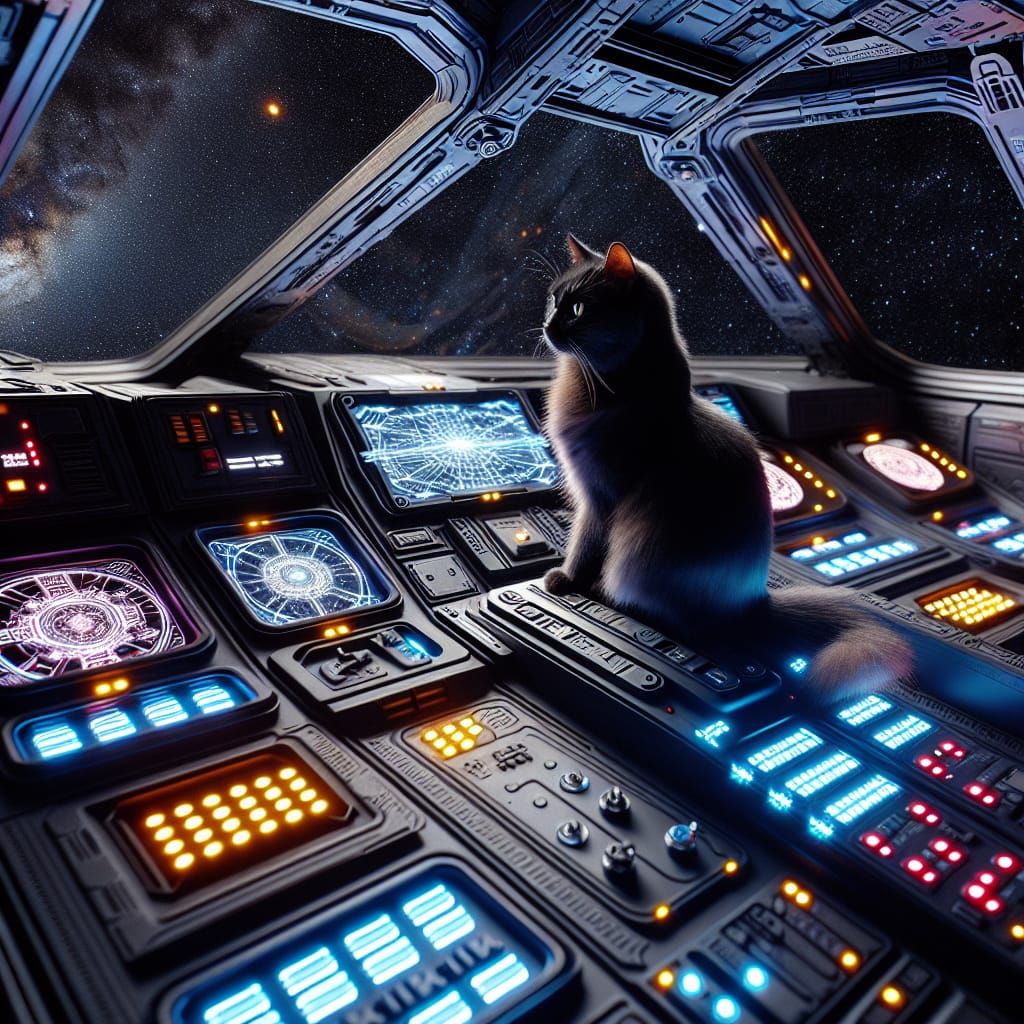 Black Cat Piloting Spaceship in Futuristic Cockpit