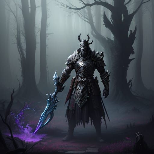 Dark Fantasy Warrior in Misty Forest Digital Painting