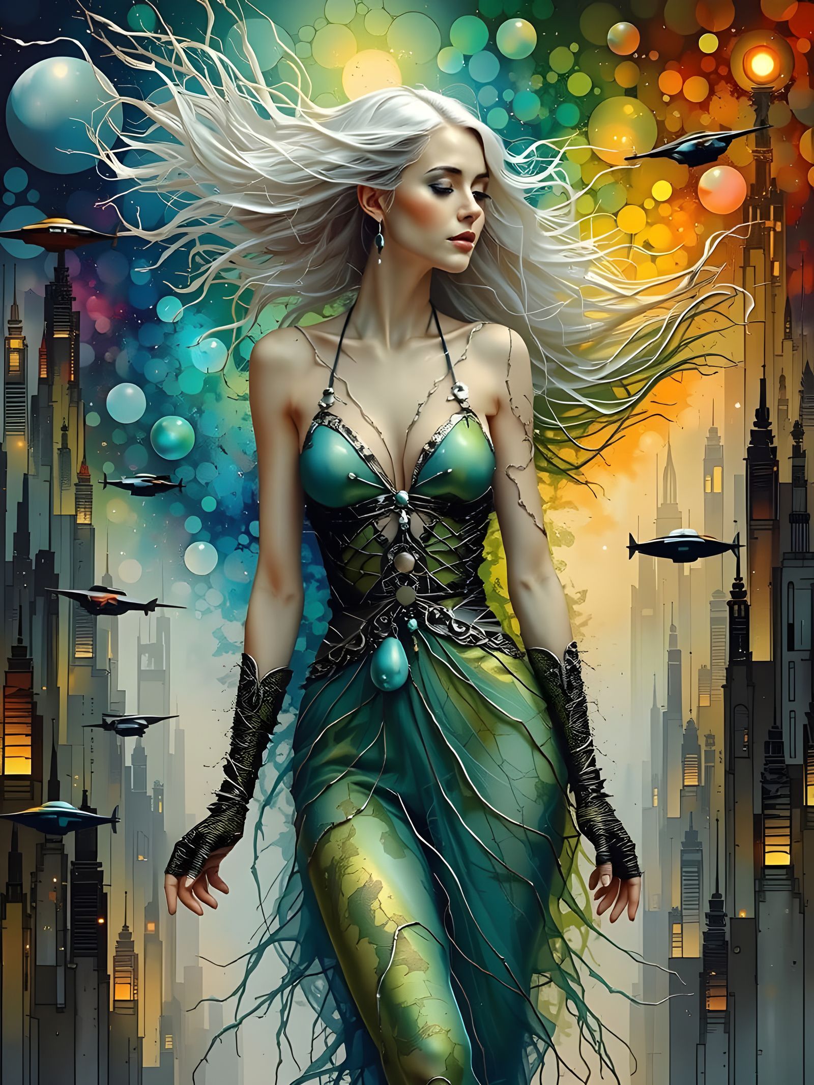 Flapper Cyborg Conjuring Vortex in Cyberpunk City