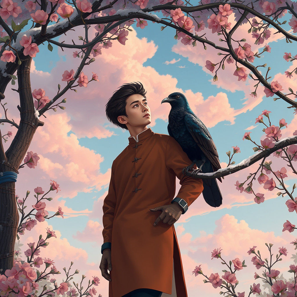 Man and Giant Raven in Exotic Arbor