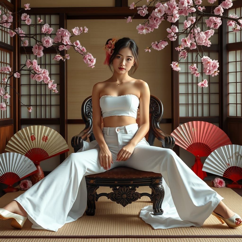 Geisha in White Jeans Among Cherry Blossoms
