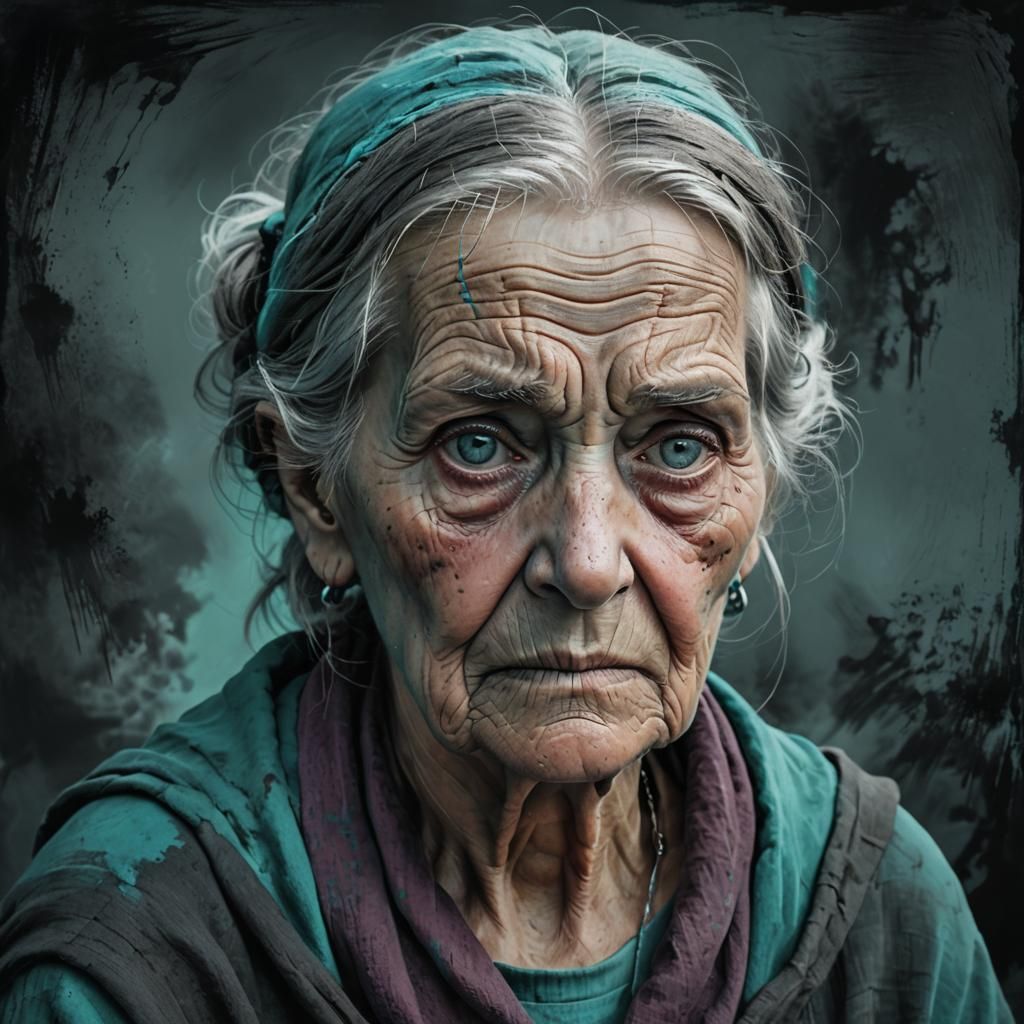 Sad Old Woman with Turquoise Eyes