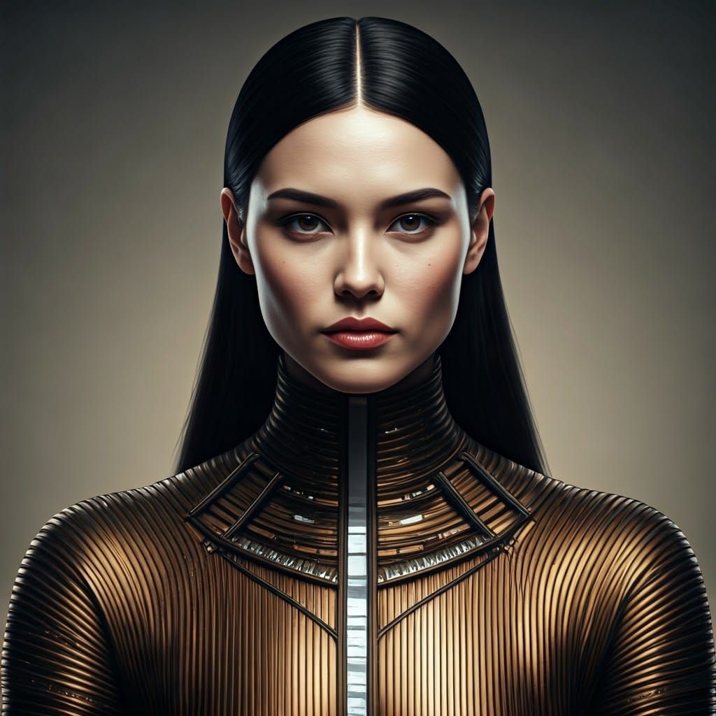 Sleek Woman in Metallic Gown: Hyperrealistic Portrait