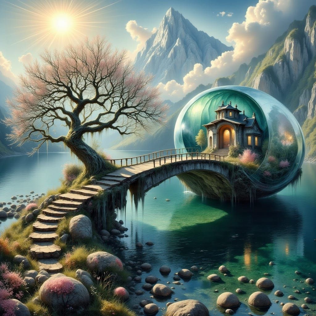 <lora:Light and Lace-Flux:1.0> <lora:FiosFantasySeashells:1.0> stunning creative refractive transparent glass bridges by...