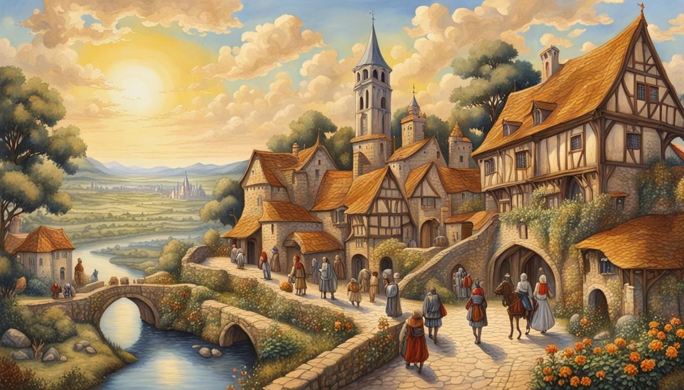 Medieval Village Landscape in Oil Painting Style