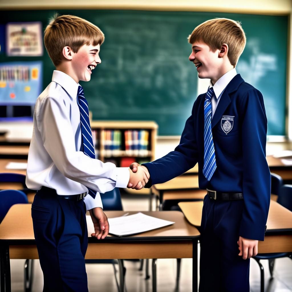 Teenage Boys Shake Hands in Classroom