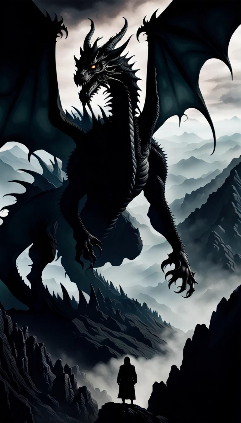 Ominous Black Dragon Silhouette in Mountains