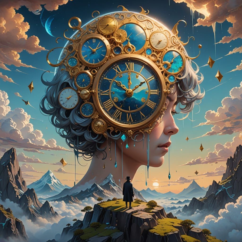 Clock-Faced Person in Surreal Floating Landscape