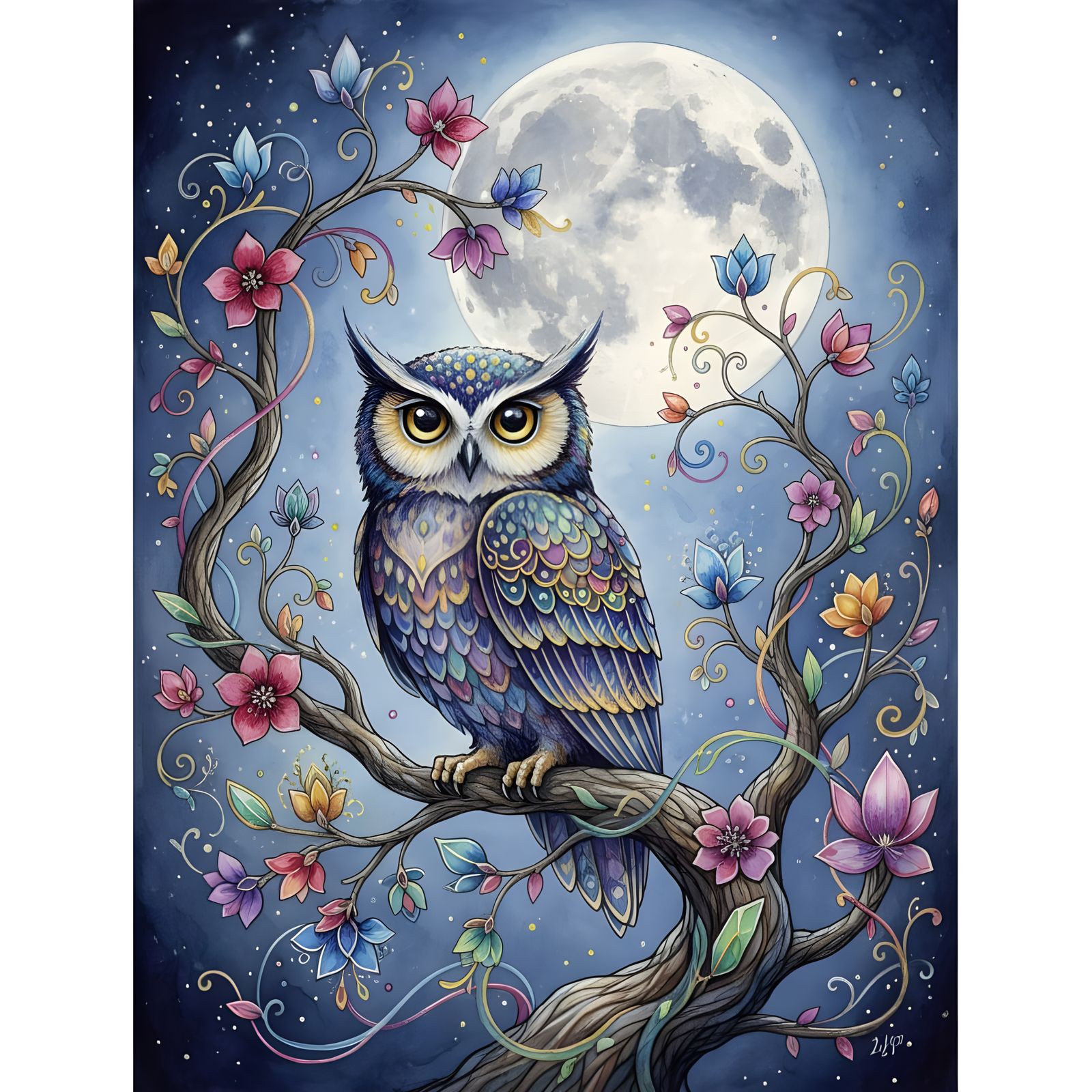 Whimsical Owl on Enchanted Tree Amidst Starlight